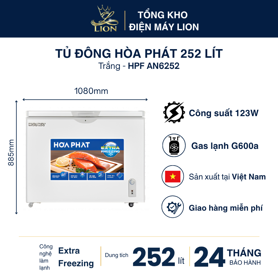 Tủ đông Hòa Phát HPF AN6252 252 lít 1 ngăn 1 cánh Extra Freezing -30°C dàn nhôm