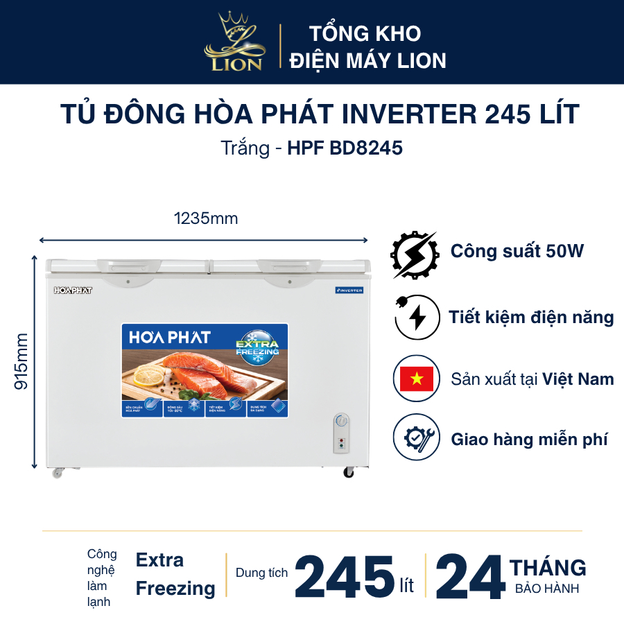 Tủ đông Hòa Phát Inverter HPF BD8245 245 lít 2 ngăn 2 cánh dàn đồng Extra Freezing