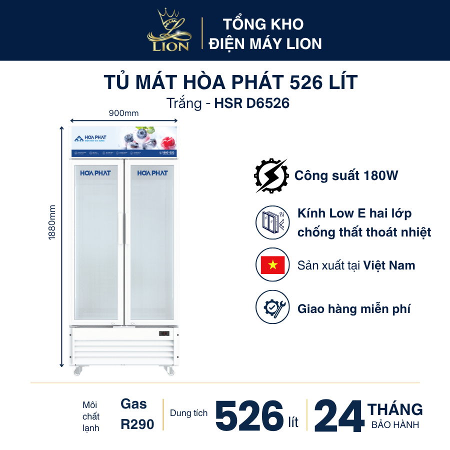 Tủ mát trưng bày Hòa Phát HSR D6526 526L No Frost dàn đồng kính Low-E Argon