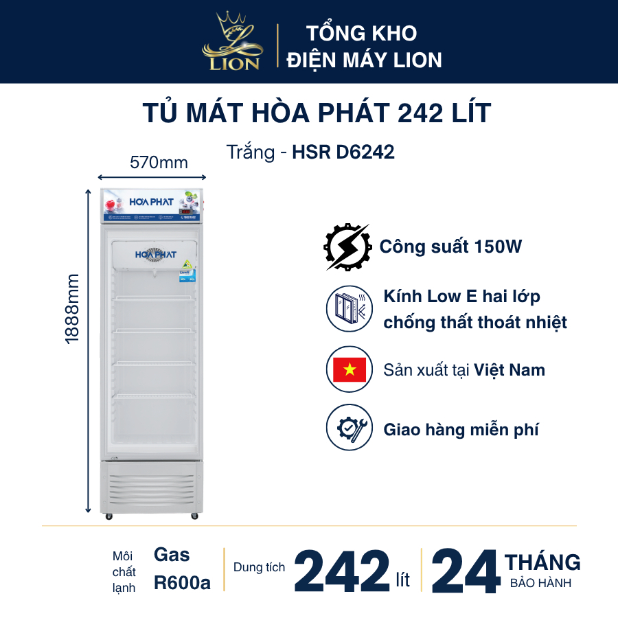 Tủ mát Hòa Phát HSR D6242 242L No Frost dàn đồng kính Low-E 2 lớp Argon
