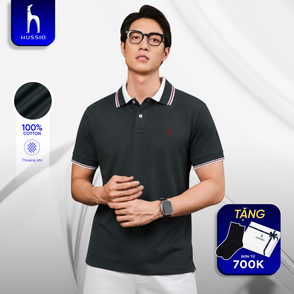 Áo Polo nam cao cấp NERO logo thêu, vải cotton thoáng mát, phối viền cổ sang trọng - HUSSIO