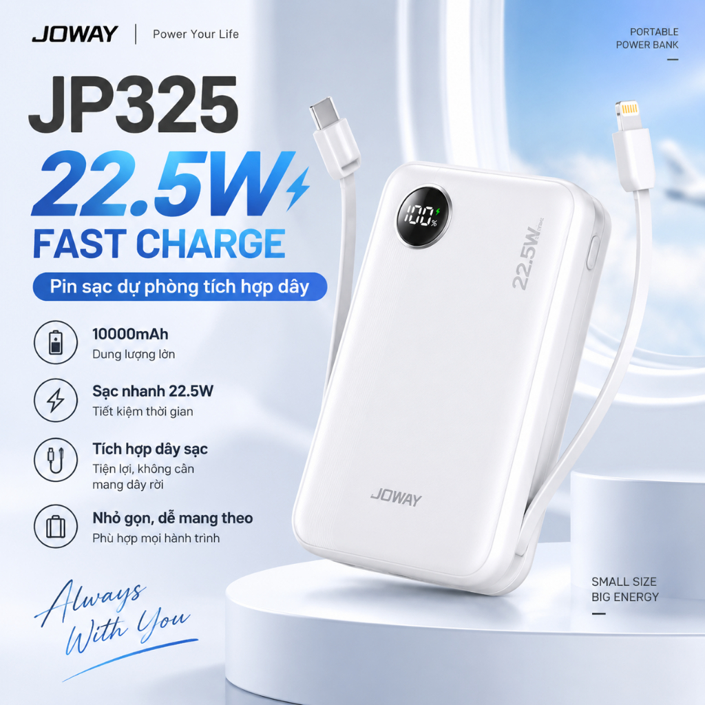 JOWAY JP325 Pin Sạc Dự Phòng 10000mAh 22.5W Sạc Nhanh Tích Hợp Dây Type-C Lightning Mini Nhỏ Gọn Cho