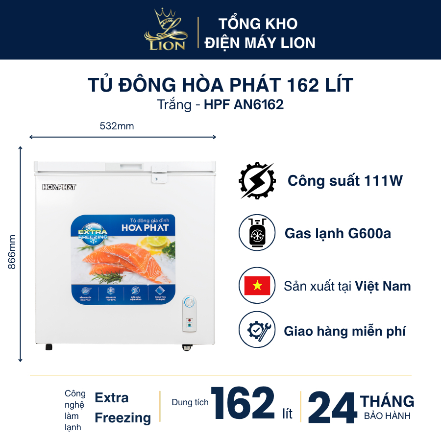 Tủ đông Hòa Phát HPF AN6162 162 lít 1 ngăn 1 cánh Extra Freezing -30°C