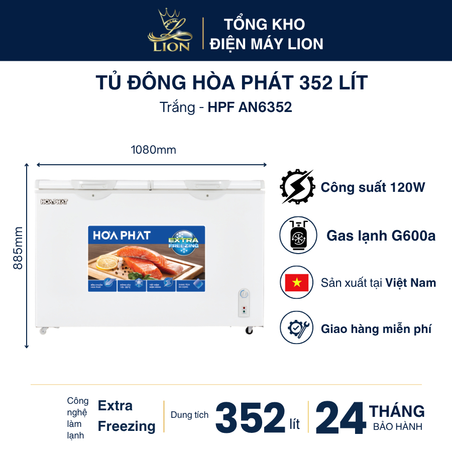 Tủ đông Hòa Phát HPF AN6352 352 lít 1 ngăn 2 cánh Extra Freezing -30°C