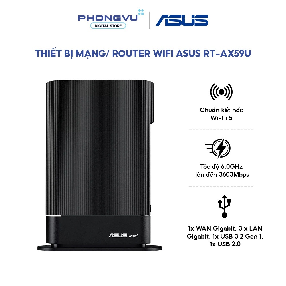 Router WiFi ASUS RT-AX59U AX4200 - WiFi 6 Dual Band, 574+3603Mbps, 5 Anten Ngầm - BH 36 Tháng