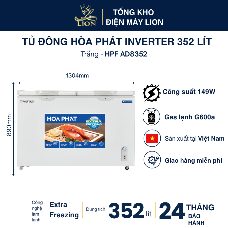 Tủ đông Hòa Phát Inverter HPF AD8352 352 lít 1 ngăn 2 cánh dàn đồng Extra Freezing