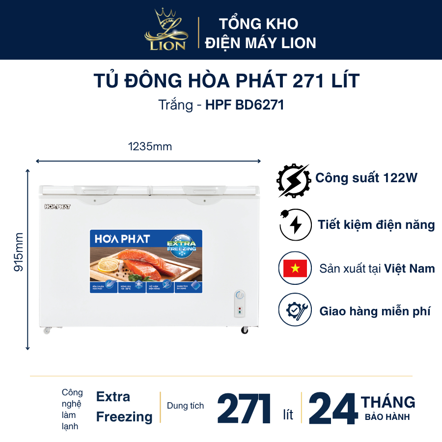 Tủ đông Hòa Phát HPF BD6271 271 lít 2 ngăn 2 cánh dàn đồng Extra Freezing