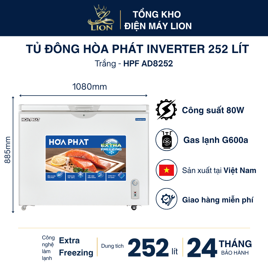 Tủ đông Hòa Phát Inverter HPF AD8252 252 lít 1 ngăn 1 cánh dàn đồng