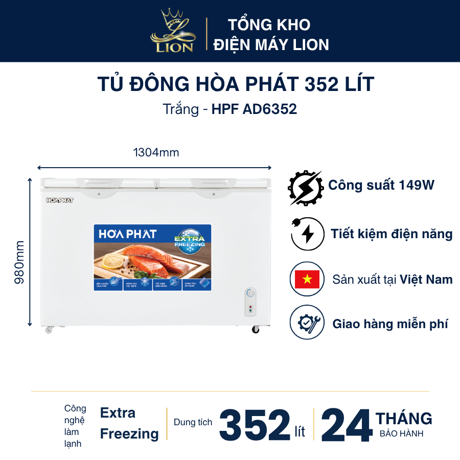 Tủ đông Hòa Phát 352 lít HPF AD6352 AD6352.T 2 cánh 1 ngăn dàn lạnh đồng Extra Freezing