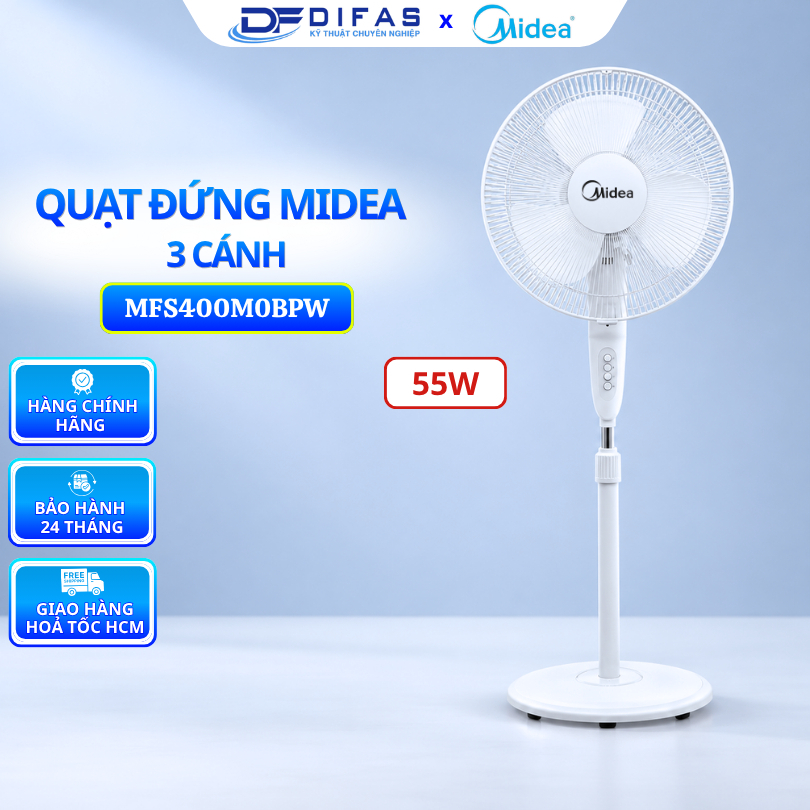 Quạt đứng Midea MFS400M0BPW 55W 3 tốc độ điều khiển từ xa dao động nhiều tốc độ 220V