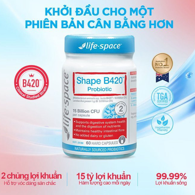 Men vi sinh Life Space Shape B420 Probiotic 60 viên hỗ trợ giảm cân, giảmtáo bón đốt mỡ, cải thiện t