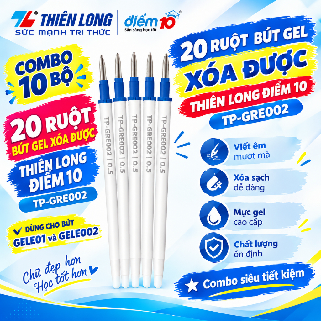 Combo 10 Bộ – 20 Ruột Bút Gel Xóa Được Thiên Long TP-GRE002 – Dùng Cho Bút…