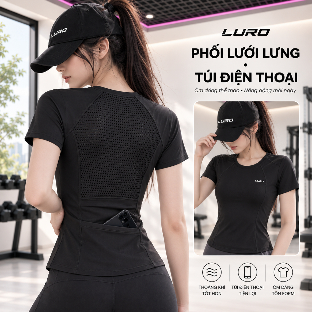 Áo Tập Gym Nữ LURO A10N Ôm Dáng Phối Lưới Lưng Có Túi Điện Thoại, Áo Thể Thao Nữ Ngắn Tay
