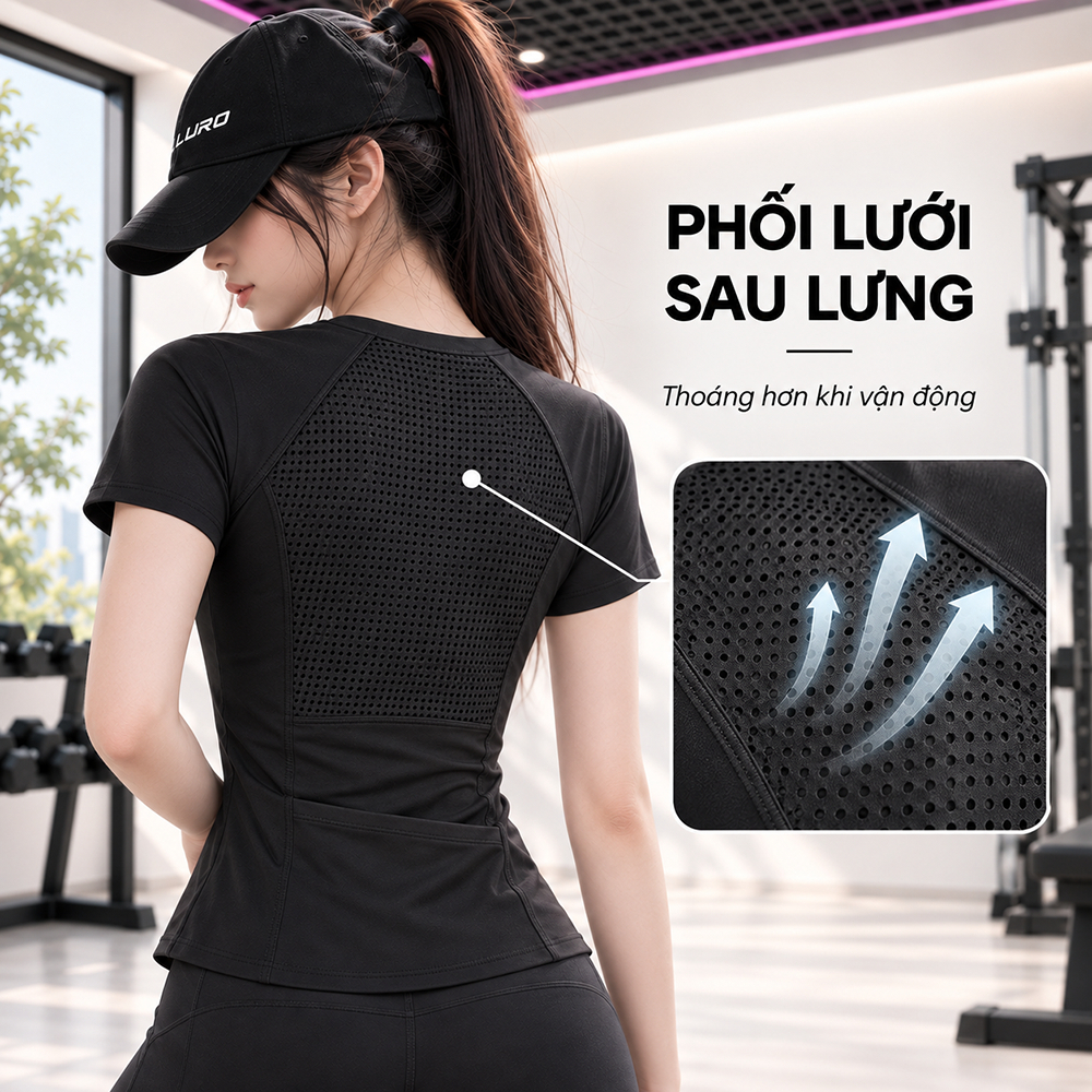 Áo Tập Gym Nữ LURO A10N Ôm Dáng Phối Lưới Lưng Có Túi Điện Thoại, Áo Thể Thao Nữ Ngắn Tay 3