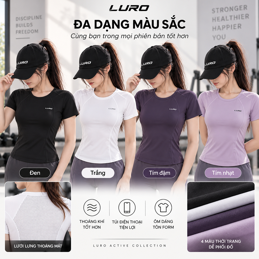 Áo Tập Gym Nữ LURO A10N Ôm Dáng Phối Lưới Lưng Có Túi Điện Thoại, Áo Thể Thao Nữ Ngắn Tay 6