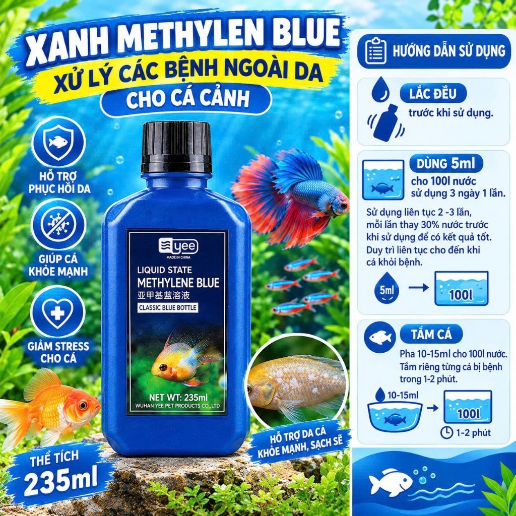 Dung Dịch Đậm Đặc Xanh MethyLene Blue 235ml Xử Lý Các Bệnh Ngoài Da Cho Cá, Sát Khuẩn