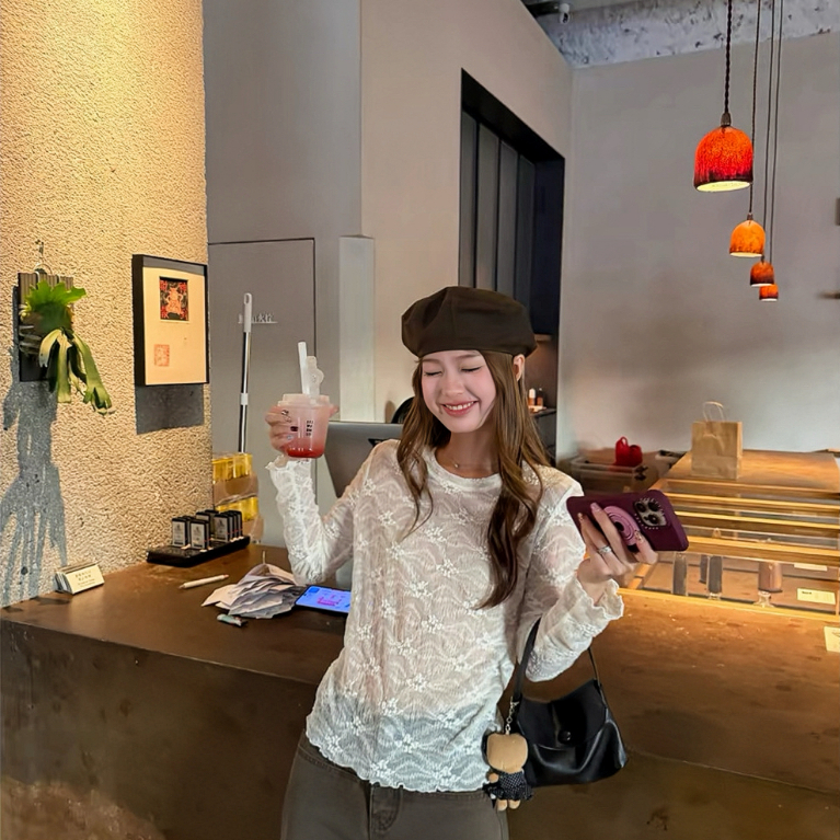 Áo ren hoa mềm co giãn dài tay cổ tròn Anna top