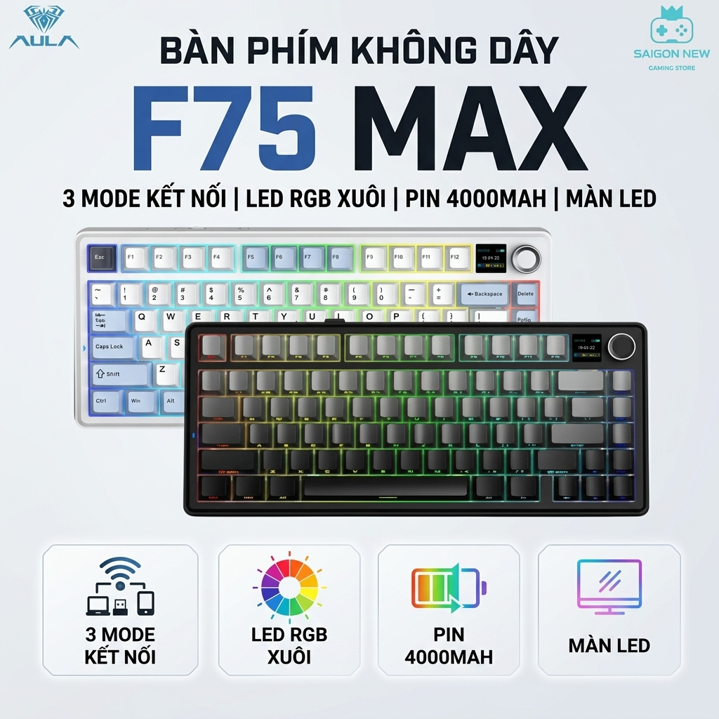 Bàn phím cơ Aula F75 max mạch xuôi , kết nối không dây bluetooth , Màn led tùy chỉnh , Núm xoay tiện lợi