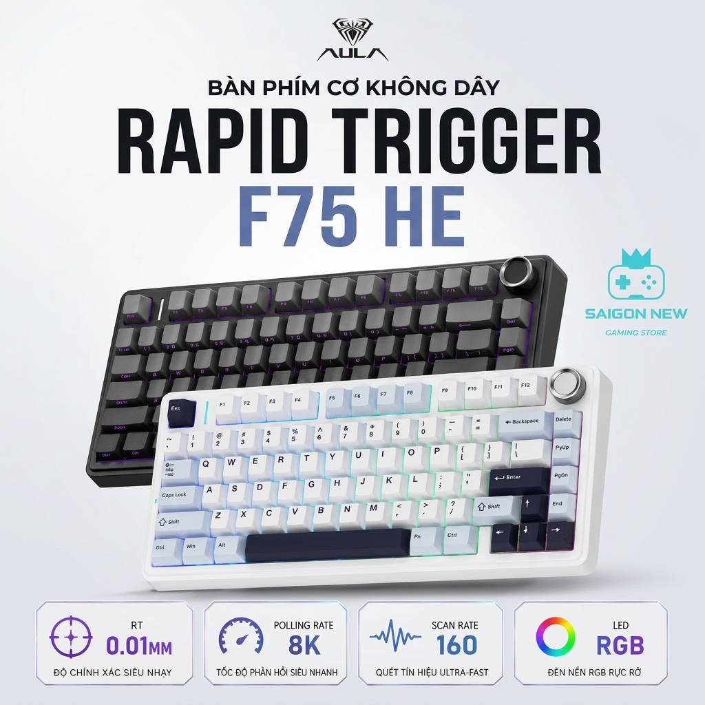 Bàn phím cơ Aula F75 HE - Công nghệ Rapid Trigger 0.01mm - Hỗ trợ 8k - Có Hotswap -LED RGB, bàn phím chơi game laptop,pc