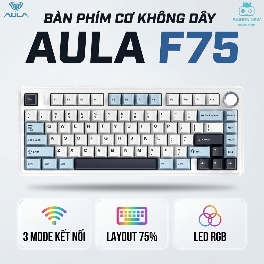Bàn phím cơ Aula F75 tương thích PC,laptop,máy tính, kết nối không dây bluetooth -Hotswap 5pin- Led 
