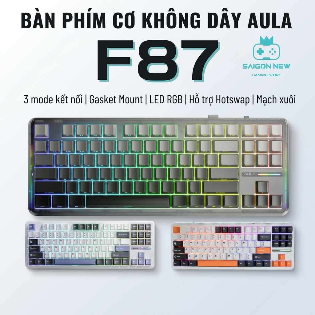 Bàn phím cơ không dây AULA F87 - 3 mode kết nối - Hỗ trợ Hotswap mạch Socket 5pin - LED RGB có app t