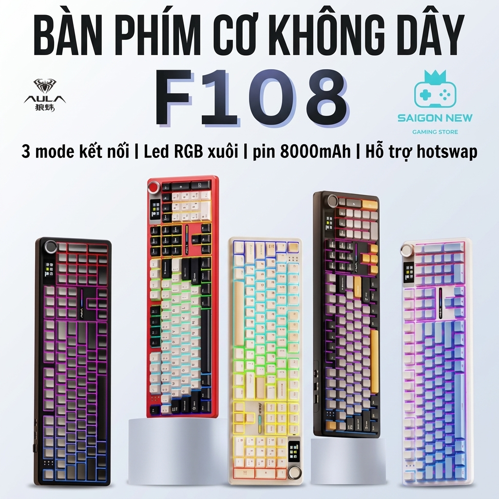 Bàn phím cơ Hotswap Aula F108 | F108 pro - Kết nối không dây Bluetooth - Màn Led độc đáo - LED RGB m