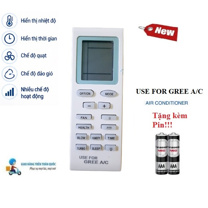 Remote Điều khiển thay thế tương thích cho điều hoà Gree-1 các dòng GWC GWH 1 2 chiều Inverter- Hàng tốt Tặng Pin