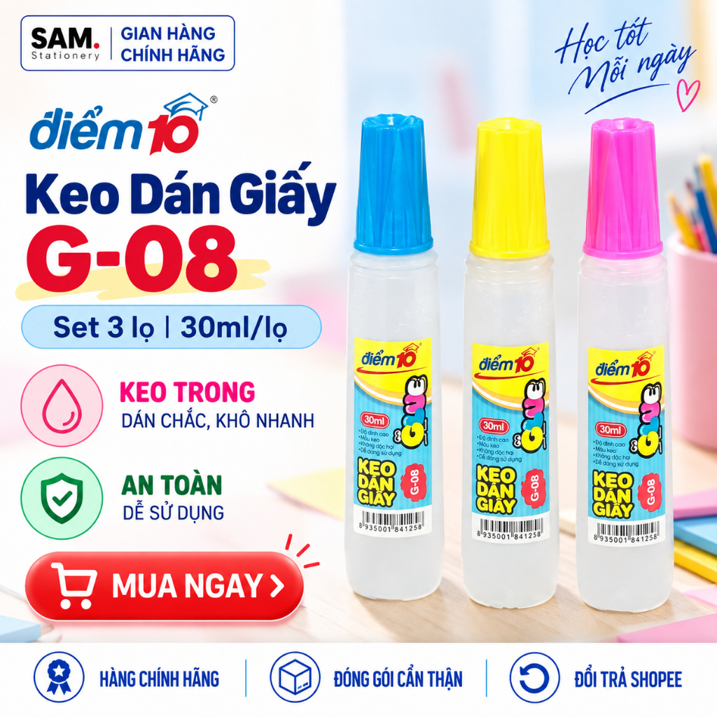 [CHÍNH HÃNG] Set 3 Lọ Keo Dán Giấy Thiên Long G08 / Điểm 10 G-08 / TP-G08 – Hồ Nước Học Sinh, Thủ Cô