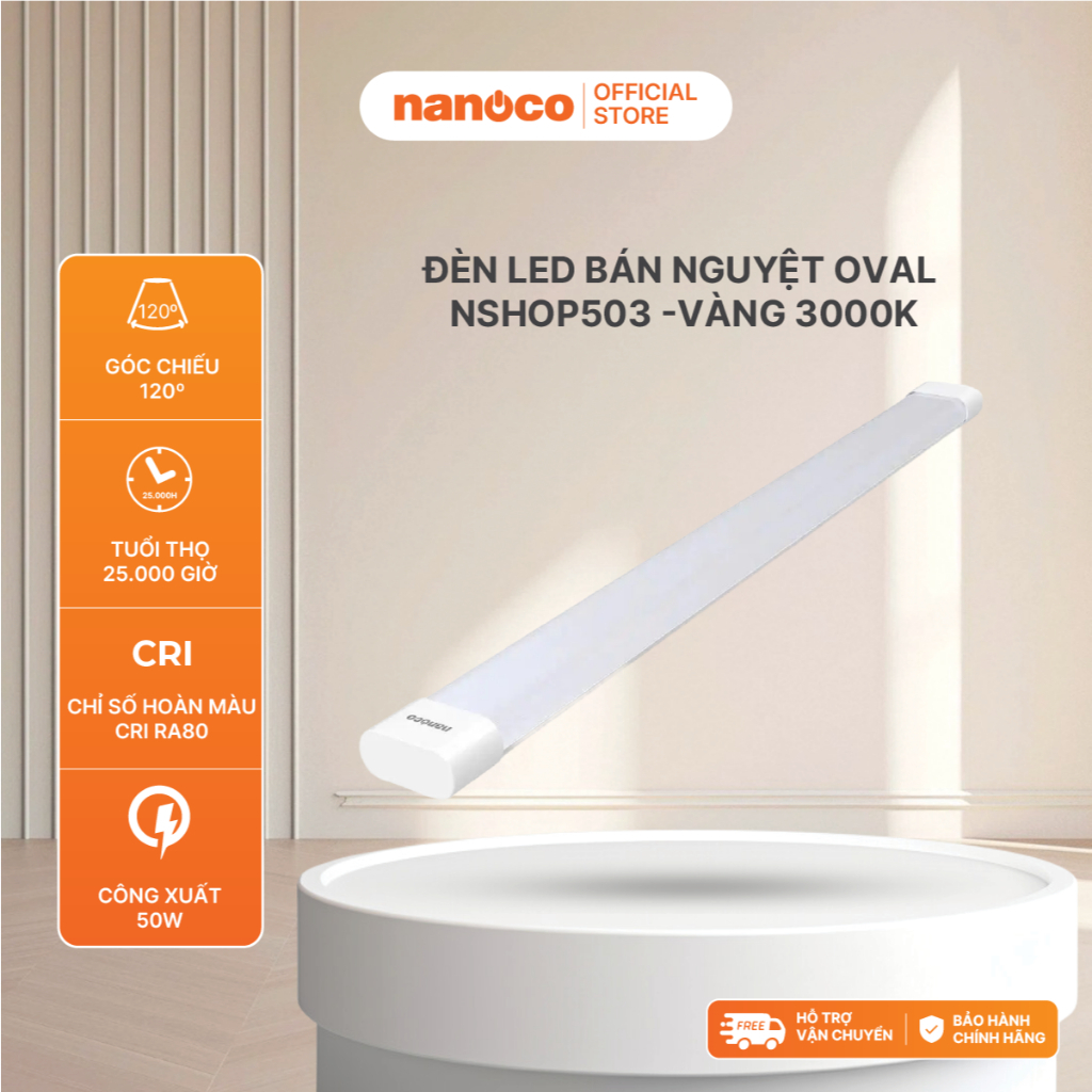 Đèn LED Bán Nguyệt Oval Nhựa NSHOP50* Nanoco 1.2m 50W Ánh Sáng 3000K/4000K/6500K