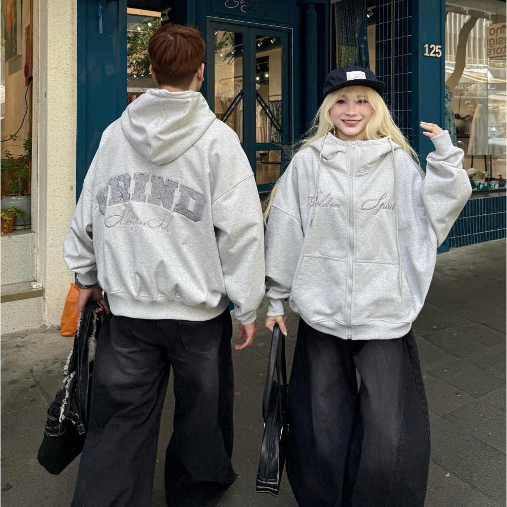 Áo Khoác Hoodie Nam Nữ Boxy Zip NQ30 GRIND  Nỉ Cotton Dập Nổi NQ30 FORUM Form Boxy Nam Nữ Unisex