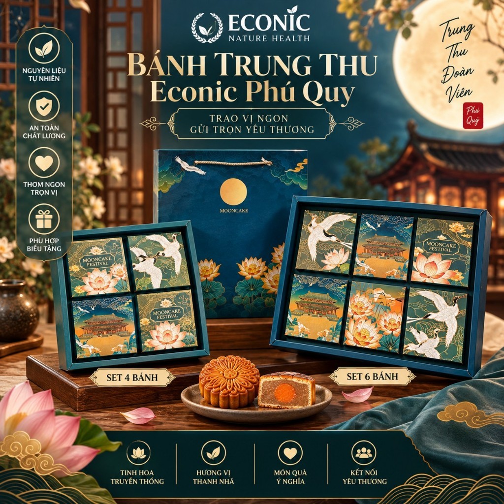 [ Hỏa tốc HCM ] Set 4 Bánh Trung Thu Econic Phú Quý - 8 vị hộp đẹp - Bánh 150gr 200gr