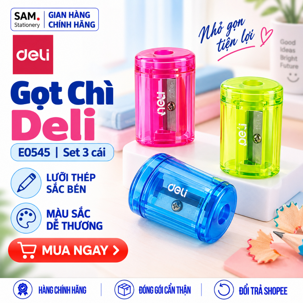 [CHÍNH HÃNG] Set 3 Gọt Chì Deli E0545 / 0545 – Chuốt Bút Chì Sắc Bén, Màu Sắc Cute Cho Học Sinh