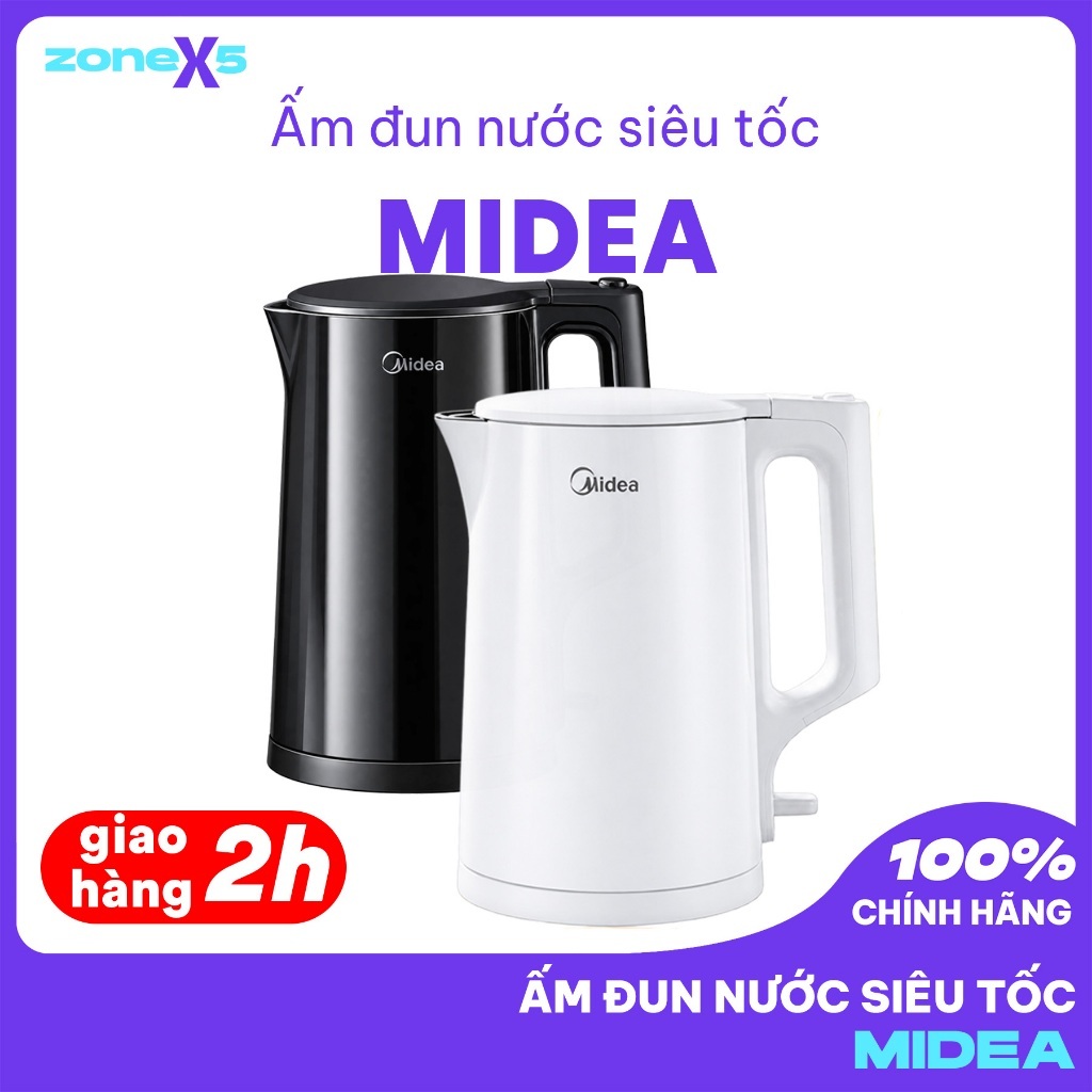 Ấm Đun Nước Siêu Tốc Midea 1.7L 1800W Inox 316 2 Lớp Cách Nhiệt Chống Bỏng, Đế Đúc Liền Khối Cao Cấp