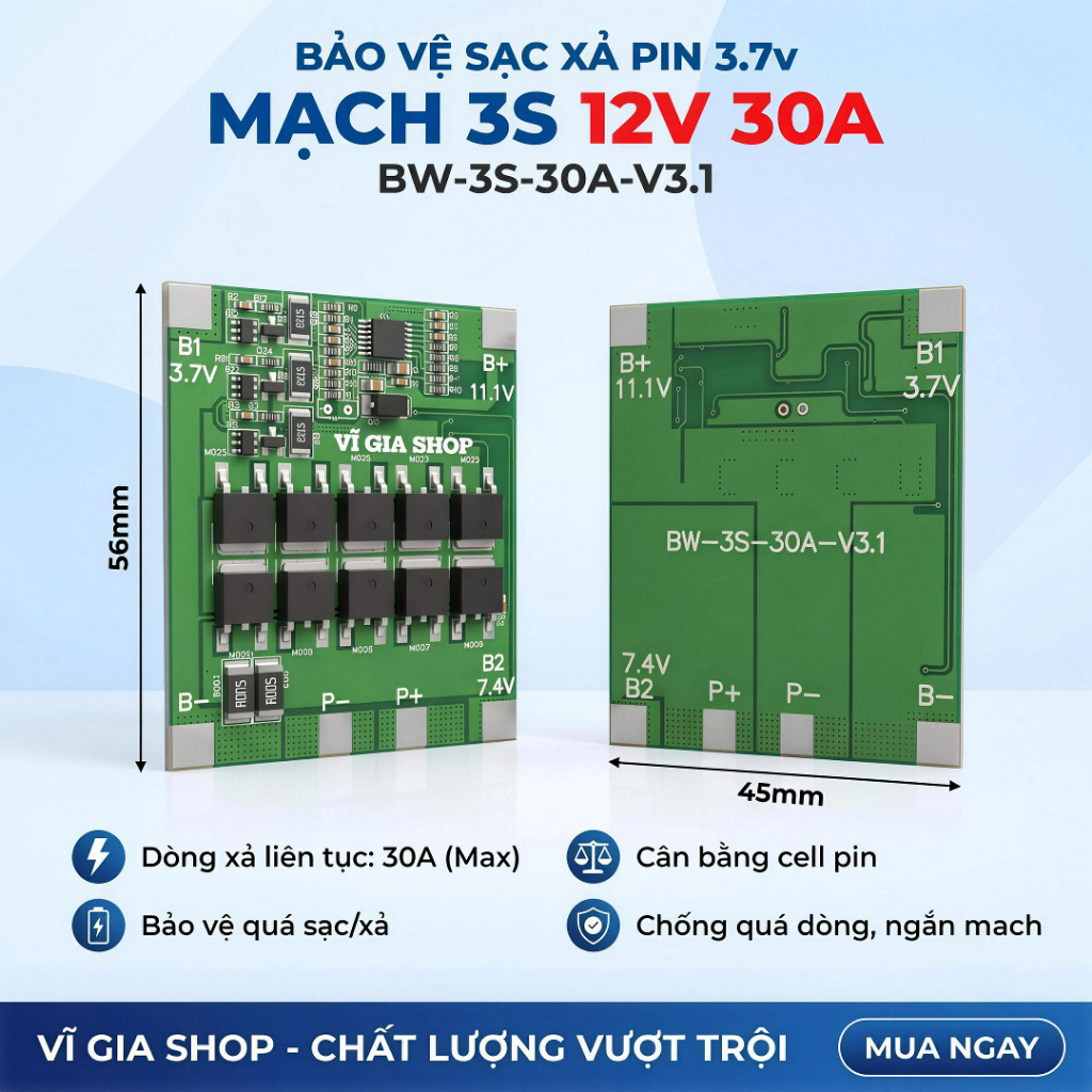 Mạch 3S 12.6V 30A BW Bảo Vệ Sạc Xả Và Sạc Cân Bằng Cao Cấp - Mạch Đóng Khối Pin Lithium-Ion 3.7V