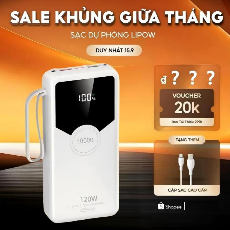Sạc dự phòng 50000mAh  80000mah sạc nhanh 120W pin dung lượng lớn có dây cắm nhiều điện thoại