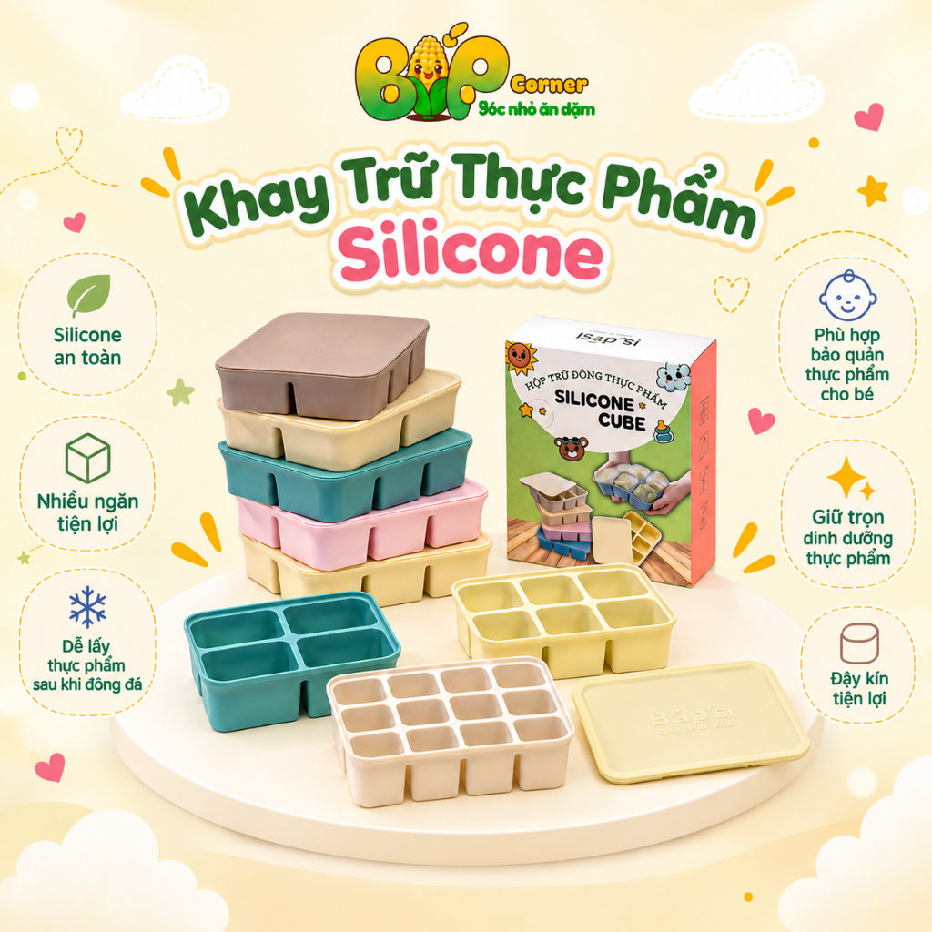Khay Silicone Trữ Đông Đồ Ăn Dặm Baby'si, Hộp Trữ Thức Ăn Cho Bé, Hộp Đựng Thực Phẩm