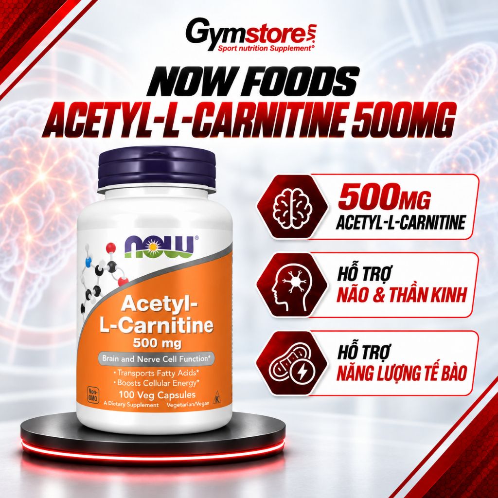 Viên uống Now Acetyl-L-Carnitine 500mg hỗ trợ tăng tập trung, đốt mỡ, tăng năng lượng - Gymstore