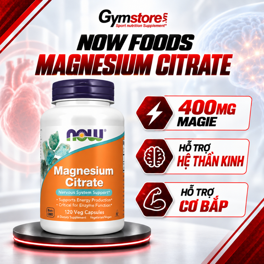 Viên uống magie Magnesium Citrate Now, hỗ trợ giảm táo bón, giảm stress, mất ngủ, đau cơ - Gymstore