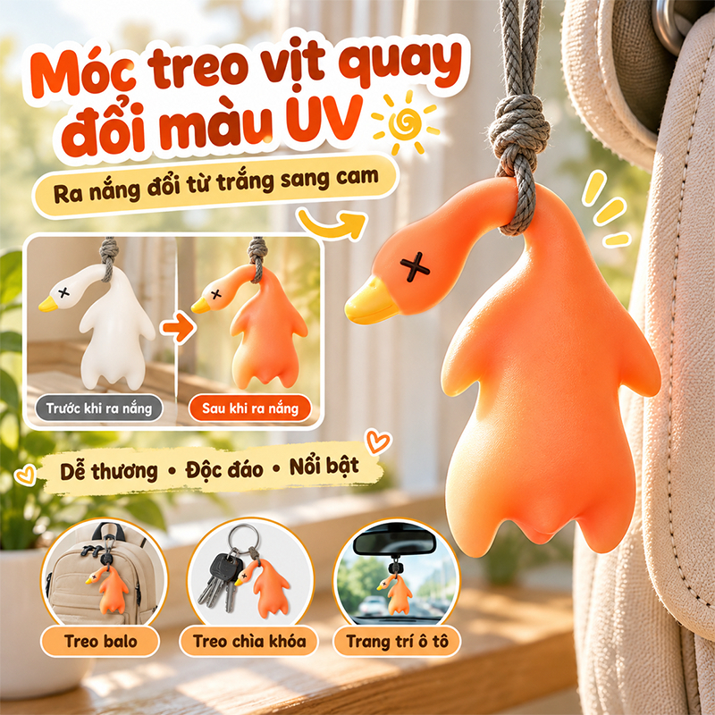 Móc Khóa Vịt Quay Đổi Màu UV Dễ Thương, Gặp Nắng Tự Đổi Màu, Trang Trí Balo Túi Xách Chìa Khóa Ô Tô