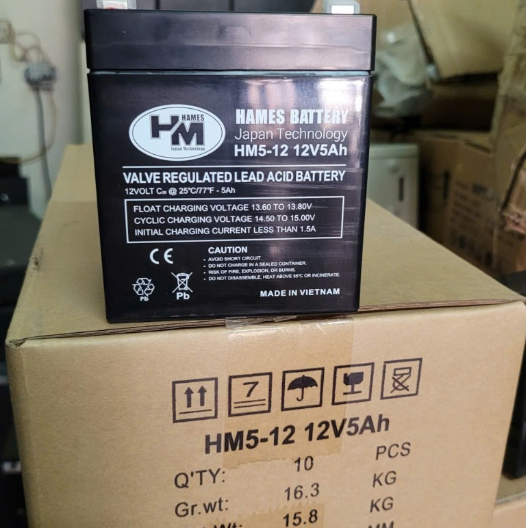 Nguồn điện 12V dung lượng 5Ah; Bình 12V-5Ah HAMES HM5-12 dùng cho loa kéo, UPS, bộ lưu điện