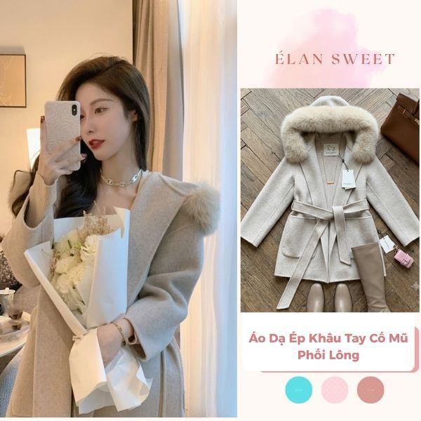 Élan Sweet - Áo Dạ Ép Khâu Tay Cố Mũ Phối Lông Cao Cấp - Áo Khoác Dạ Nữ Dáng Vừa, Thắt Dây Eo Tiểu Thư Hàn Quốc Thu Đông