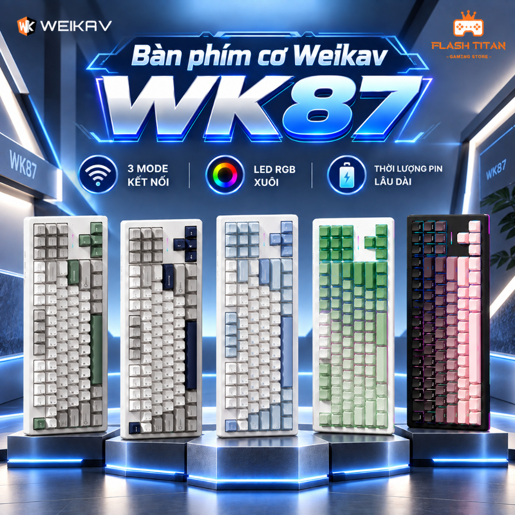Bàn phím cơ Weikav WK87 - 3 mode - Hỗ trợ hotswap - Layout TKL - Led RGB Mạch xuôi đã lót full foam