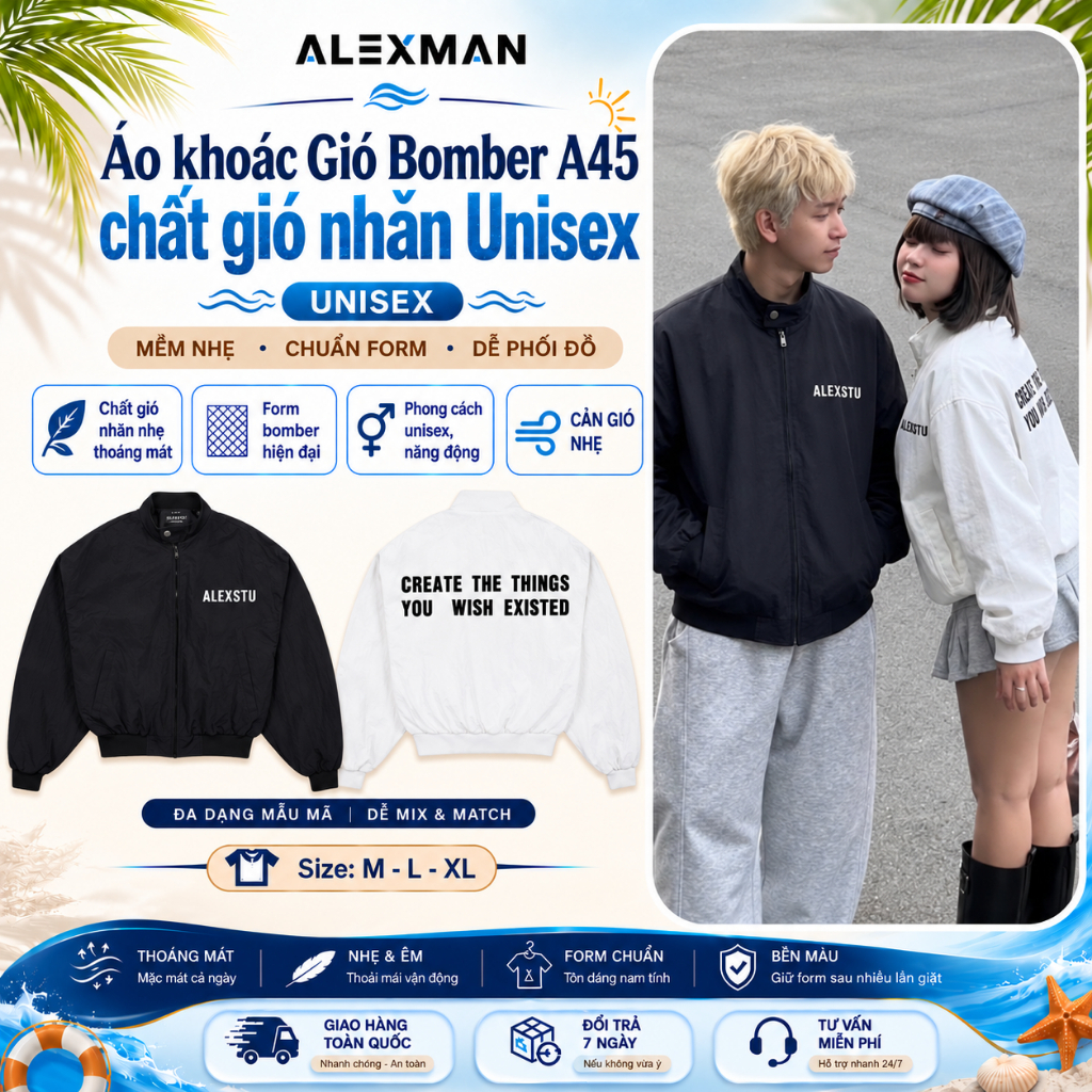 Áo Khoác Gió Bomber A45 Chất Gió Nhăn Cotton Form Rộng Unisex - ALEXMAN