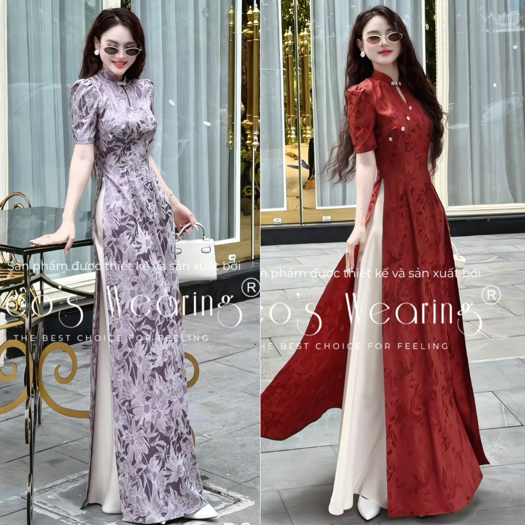 Áo Dài Gấm Lụa Cao Cấp LEOSWEARING, Cổ Trụ Giọt Nước Kèm Quần Váy Lụa Ngọc DC49