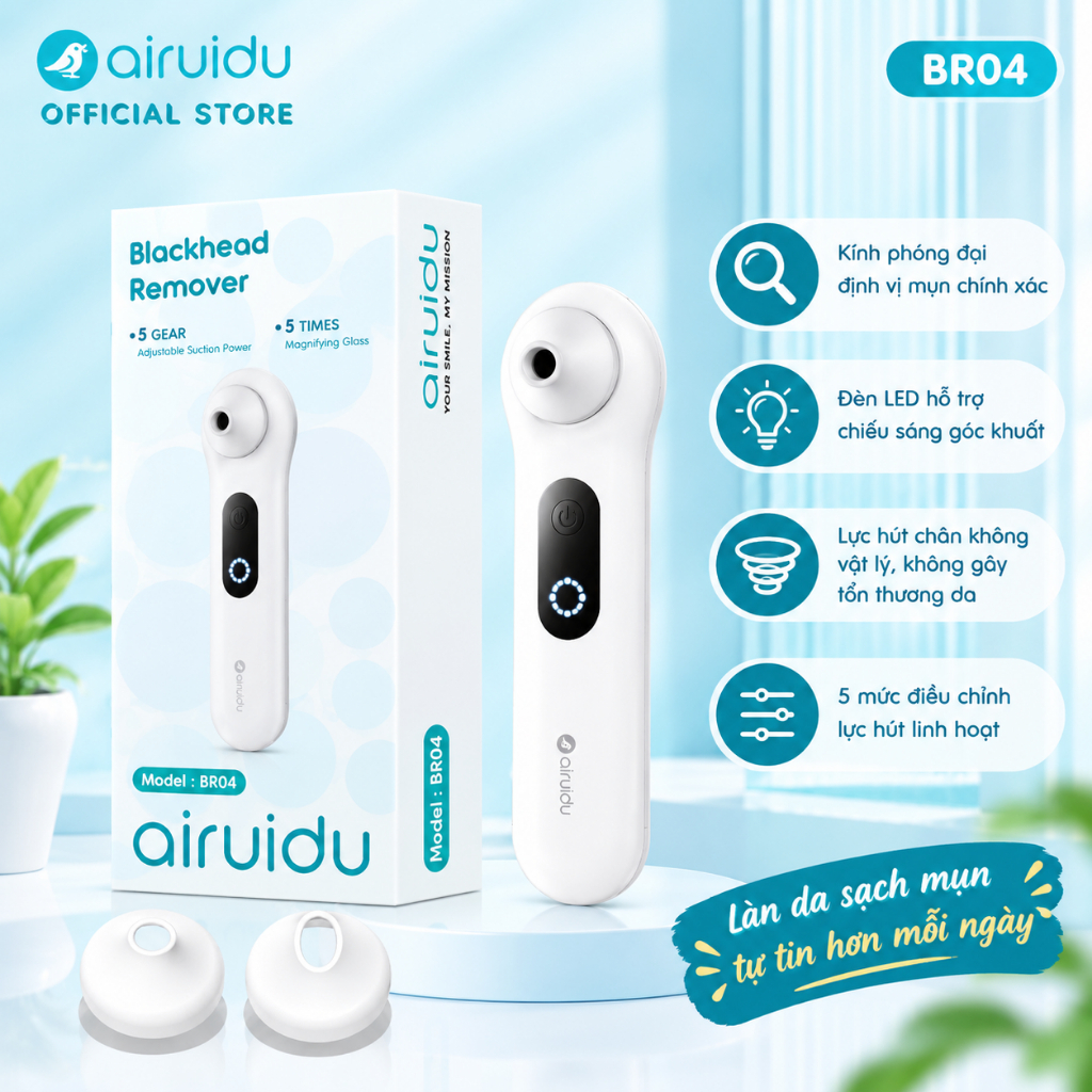 Airuidu Máy Hút Mụn Đầu Đen 5 Mức Lực Hút Đèn LED Làm Sạch Lỗ Chân Lông Hút Mụn Cám Đầu Silicone Mềm Sạc Type-C BR04