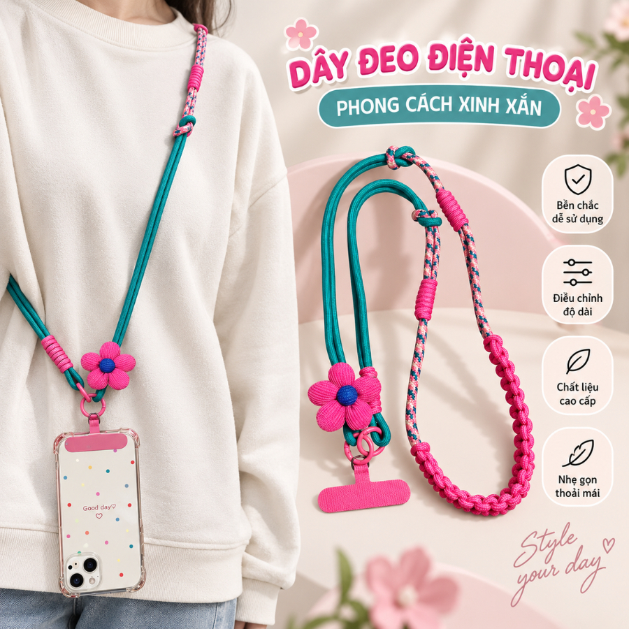Dây Đeo Điện Thoại Máy Ảnh Đeo Cổ Đeo Chéo Điều Chỉnh Độ Dài, Kèm Charm Hoa Xinh Xắn Tiện Lợi Snowly
