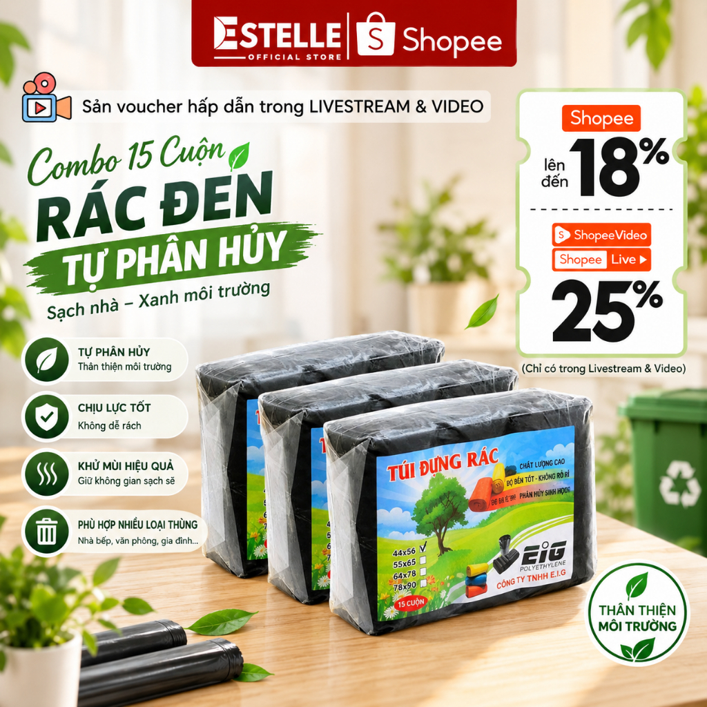 Combo 15 Cuộn Rác Đen Tự Phân Hủy An Toàn Với Môi Trường Kích Thước 55cmx65cm - Bao Đựng Rác Đen