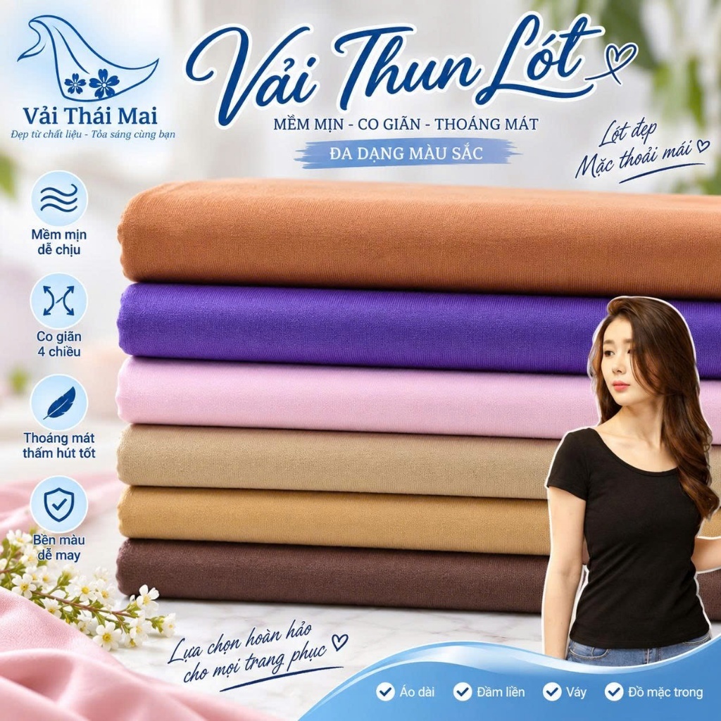 Vải Thun lót Vải cotton dày co giãn, chính phẩm khổ 1m6 TháiMai TM