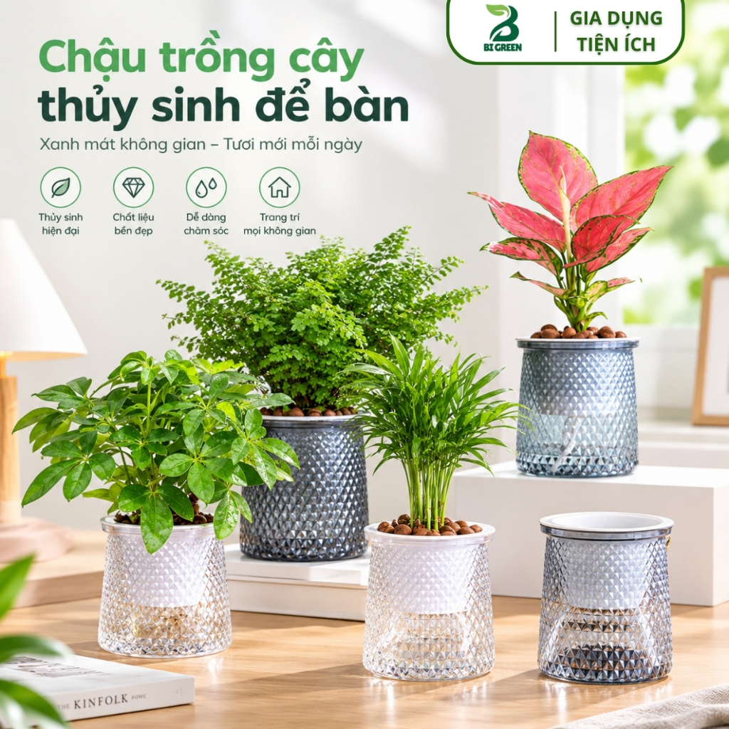 Chậu Trồng Cây Tự Dưỡng Thông Minh, Chậu Cây Tự Tưới Thủy Sinh - Chậu Cây Nhựa PE PP Cao Cấp Decor Bàn Làm Việc