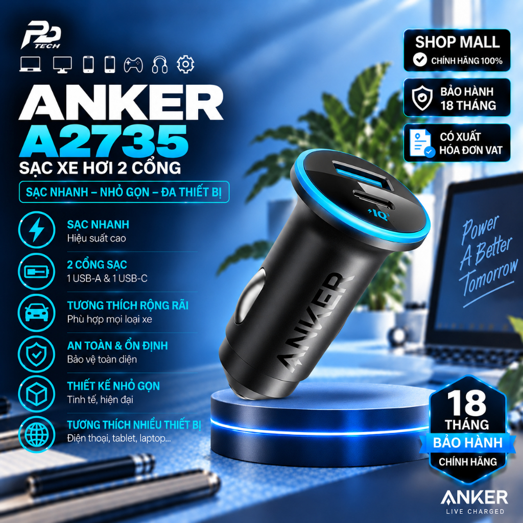Tẩu Sạc Nhanh Xe Hơi Anker 323 A2735 52.5W, USB-C PD 30W, PowerIQ 3.0, Sạc Nhanh Ô Tô